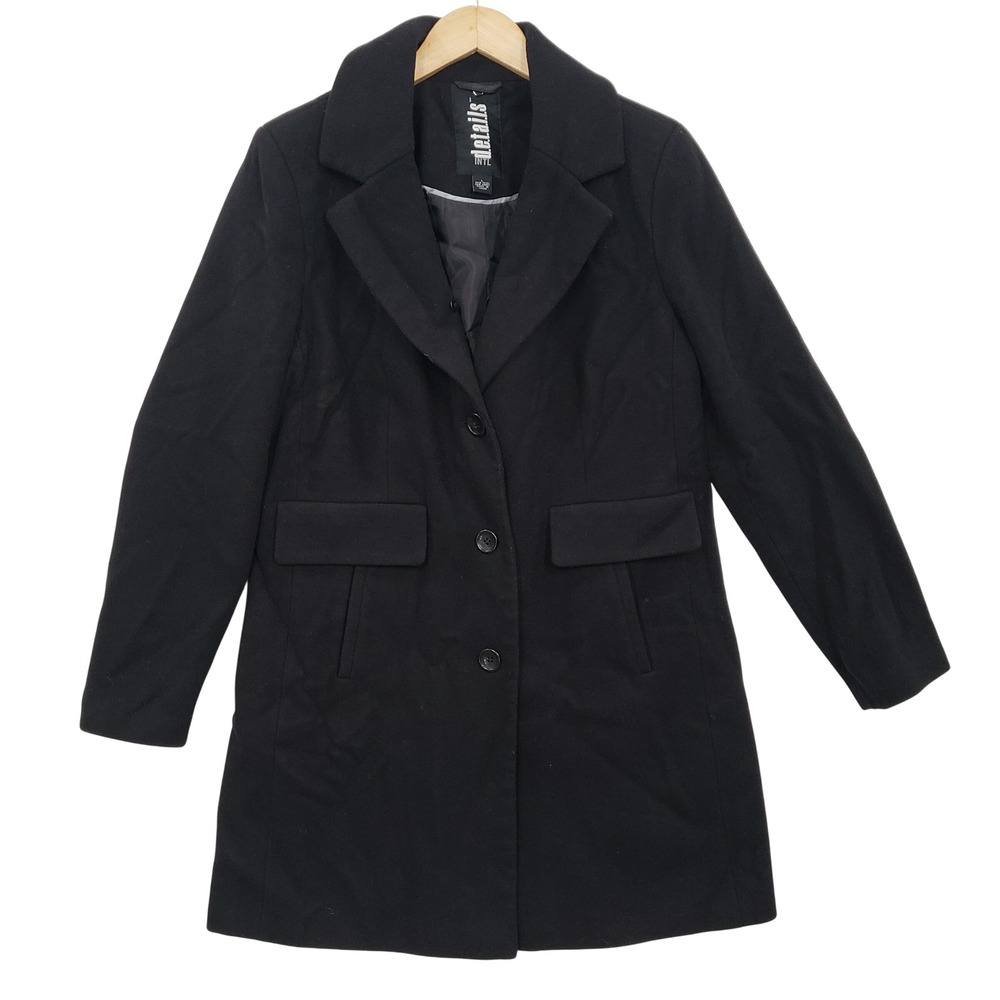 Vintage Y2K Details Intl Black Wool Blend Button Coat Womens Size L‎ Minimalist